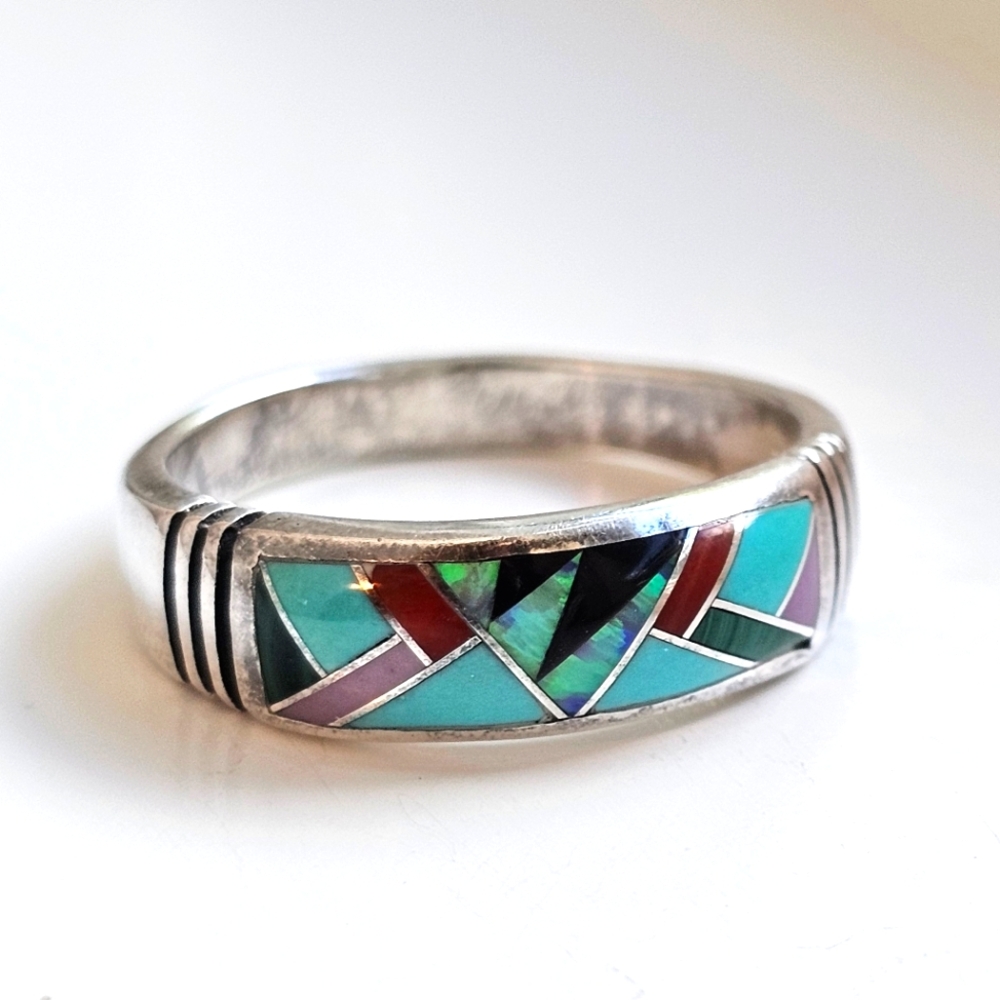 Navajo Ring, Multi Stone Inlayed, Sterling Silver. Artist: Steve Fransico EUC!